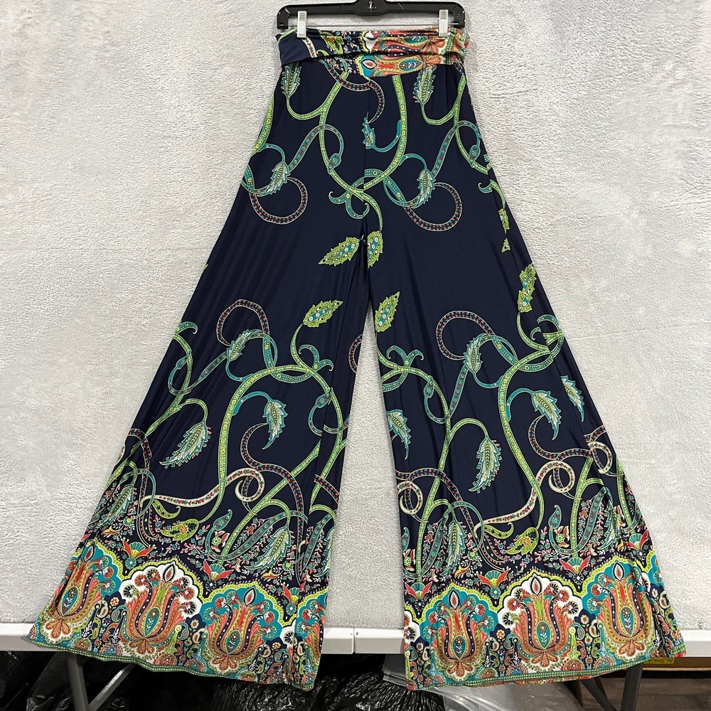 Pink Palazzo Pants Womens 30x32 Paisley Stretch Foldover Waist Boho Wide Leg